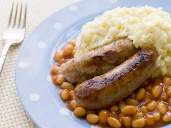 Royalty Free Photo of Sausage and Mash With Baked Beans