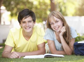 Teenage Student Couple Studying In Park