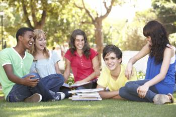 Group Of Teenage Students Chatting Together In Park