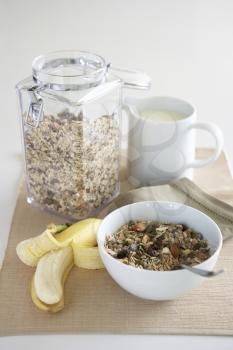 A table setting of breakfast foods