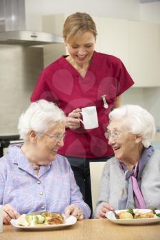 Senior women with carer enjoying meal at home