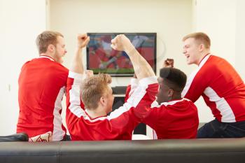 Group Of Sports Fans Watching Game On TV At Home