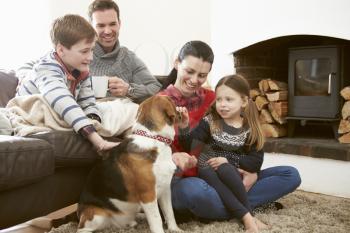 Family Relaxing Indoors And Stroking Pet Dog