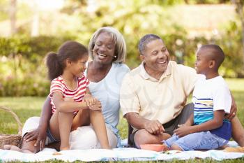 Grandparents And Grandchildren Having Picnic In Garden