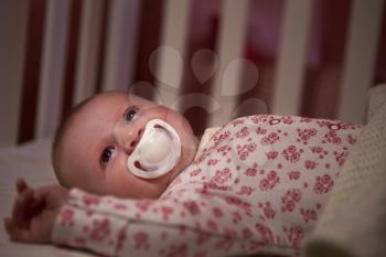 Baby Girl With Pacifier Lying In Cot