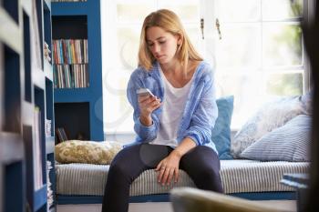 Woman Sitting On Couch At Home Using Mobile Phone