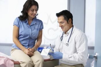 Doctor In Surgery With Female Patient Writing Prescription