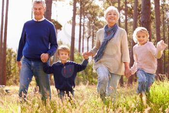 Grandparents and grandchildren walking in the countryside