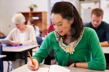 Asian woman studying at an adult education class