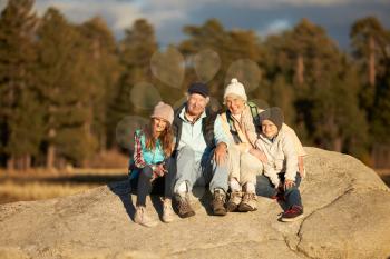 Grandparents and kids sitting on rocky outcrop near a forest