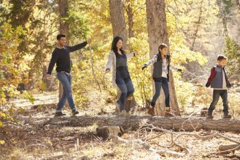 Happy family balancing on a fallen tree in a forest