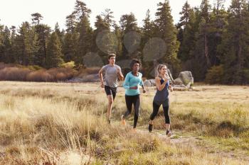 Man and two women running near a forest