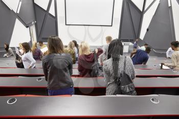 Students leaving university lecture theatre, back view