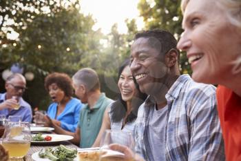 Group Of Mature Friends Enjoying Outdoor Meal In Backyard