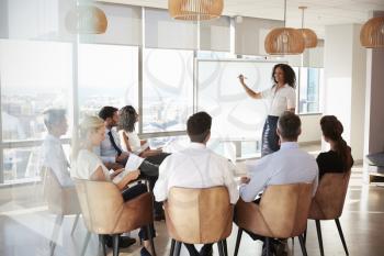 Businesswoman Making Presentation Shot Through Doorway