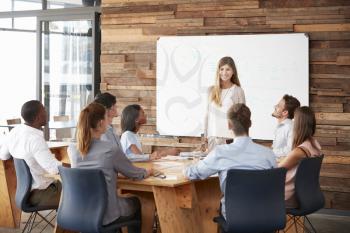 Woman giving a presentation at whiteboard to business team