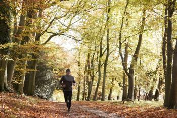 Mature Man Running Through Autumn Woodland