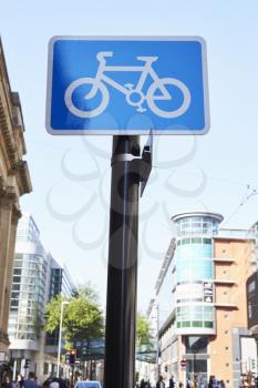 Manchester, UK - 10 May 2017: Cycle Route Sign In Manchester City Centre