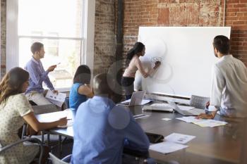 Businesswoman At Whiteboard In Brainstorming Meeting