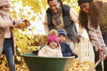 Father In Autumn Garden Gives Children Ride In Wheelbarrow