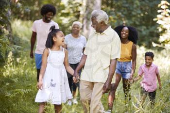 Senior black man and granddaughter walk with family in woods