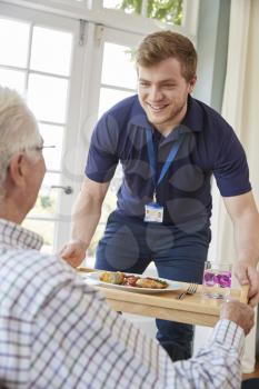 Male care worker serving dinner to a senior man at his home