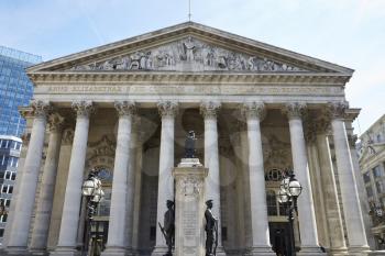 LONDON - MAY, 2017: Western portico of Royal Exchange building, Royal Exchange Square, London, EC3.