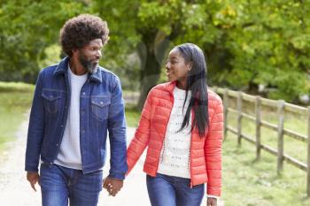 Black adult couple,boyfriend,girlfriend walk holding hands in the countryside,close up