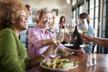 Two Smiling Senior Women Making A Toast At Meal In Restaurant