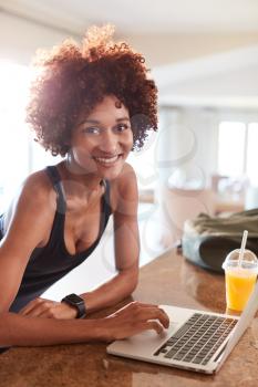 Millennial African American woman checking fitness data on laptop smiling to camera, vertical