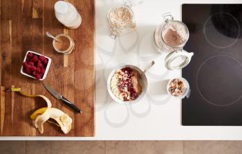Overhead Shot Of Ingredients For Healthy Breakfast On Kitchen Counter