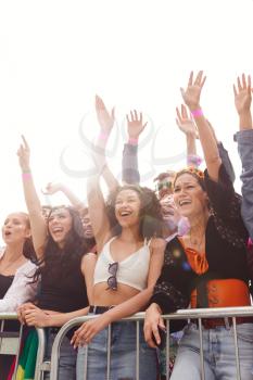 Cheering Young Friends In Audience Behind Barrier At Outdoor Festival Enjoying Music