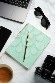 Flat Lay Shot Of Techno Items For Modern Worker With Laptop Mobile Phone Journal And Camera