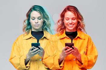 Composite Concept Image Showing Young Woman With Mobile Phone Suffering With Social Anxiety