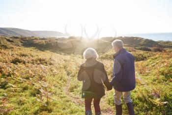 Rear View Of Loving Senior Couple Holding Hands As They Walk Along Coast Path Against Flaring Sun