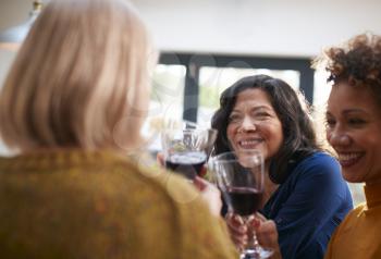 Group Of Mature Female Friends Meeting At Home To Talk And Drink Wine Together
