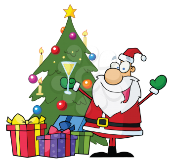 Royalty Free Clipart Image of Santa Sipping Beside A Christmas Tree
