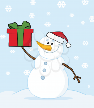 Royalty Free Clipart Image of a Snowman With a Gift