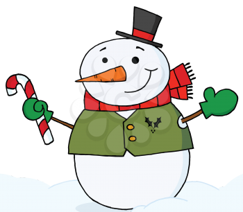 Royalty Free Clipart Image of a Snowman With a Candy Cane