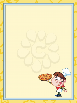 Royalty Free Clipart Image of a Pizza Chef on a Background With a Frame