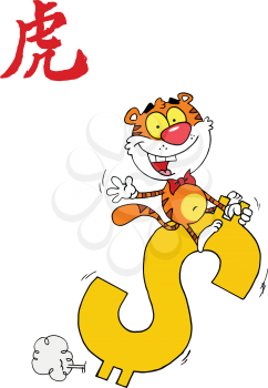 Royalty Free Clipart Image of a Tiger Riding a Dollar Sign With a Chinese Symbol