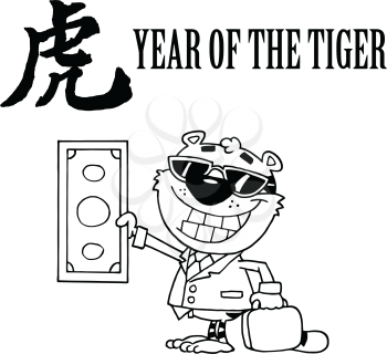 Royalty Free Clipart Image of a Tiger Businessman With Money for Year of the Tiger