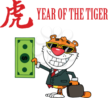 Royalty Free Clipart Image of a Tiger Holding Money for the Chinese New Year