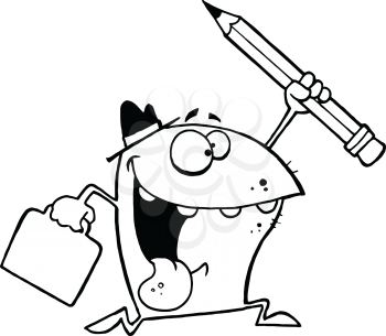 Royalty Free Clipart Image of a Happy Shark Running With a Briefcase and a Pencil