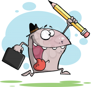 Royalty Free Clipart Image of a Happy Shark Running With a Briefcase and a Pencil
