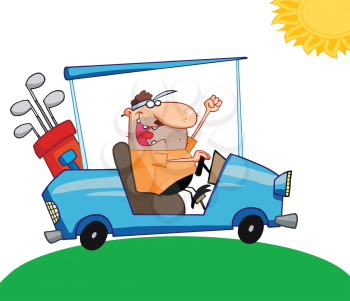 Royalty Free Clipart Image of a Happy Golfer in a Cart