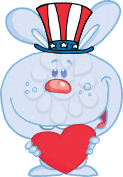 Royalty Free Clipart Image of a Bunny Wearing an American Hat and Holding a Heart