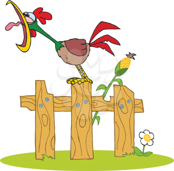 Royalty Free Clipart Image of a Rooster on a Fence