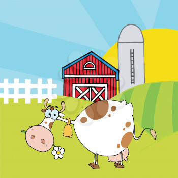 Royalty Free Clipart Image of a Cow Eating Daisies