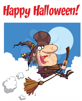 Royalty Free Clipart Image of a Witch on a Happy Halloween Greeting